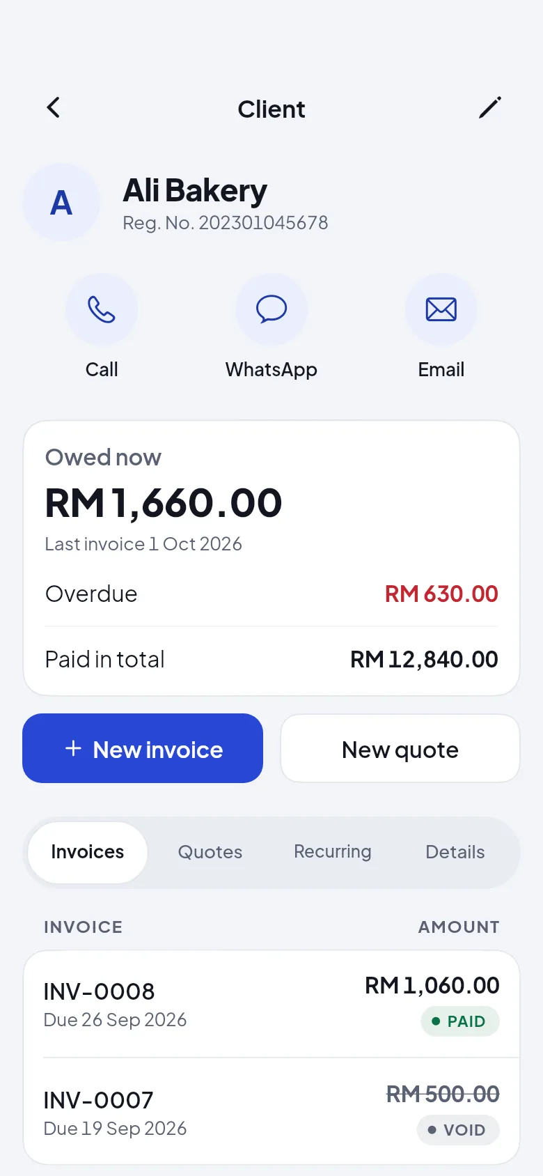 A client's page in HelloBill: Ali Bakery owes RM 1,660.00, RM 630.00 overdue, with Call, WhatsApp and Email, and New invoice or New quote.