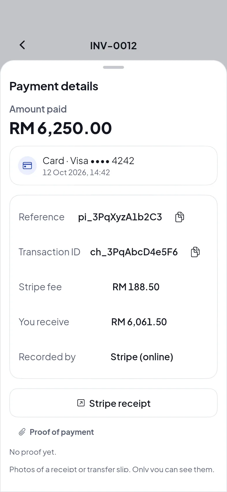 Payment details in HelloBill: RM 6,250.00 paid online by Visa card on 12 October 2026, with the Stripe fee and what you receive.