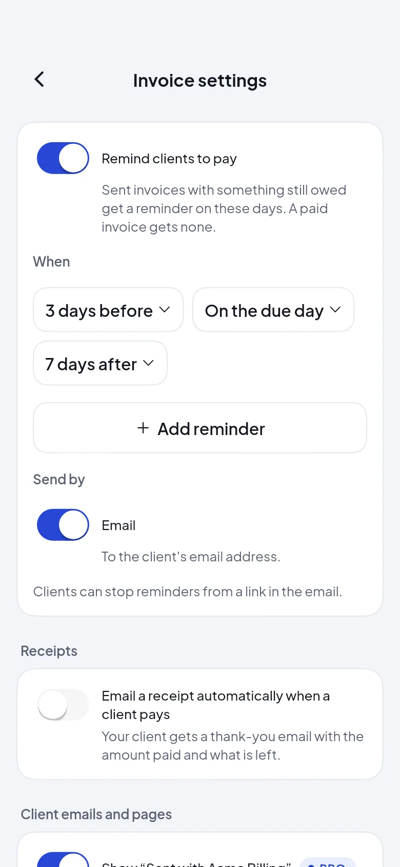 Invoice settings: remind clients 3 days before, on the due day and 7 days after, by email.