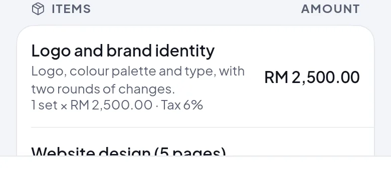 Invoice lines with a description, quantity, price and SST.